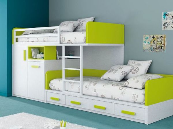Extraordinary White Green Bunk Kids Bed Plans Design Ideas